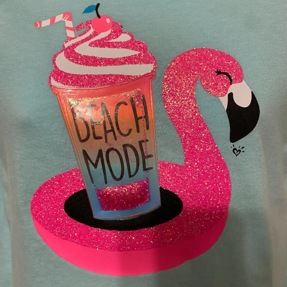 Justice cute Pink Flamingo Beach Mode top with moveable glitter sz 12
